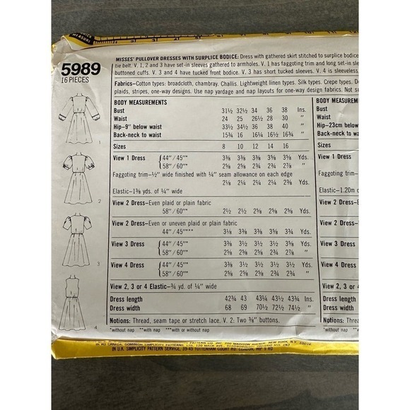 Simplicity Vintage Uncut Pullover Dresses with Surplice Bodice Size 14 No 5989 - Picture 4 of 7